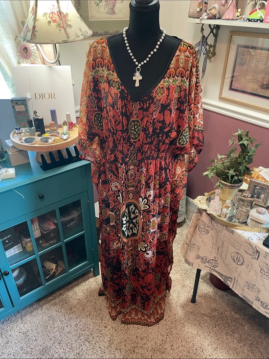 M.P.H. Dresses & Skirts - Bohemian V-Neck Floral Maxi Kaftan in Rust Red MPH Collection